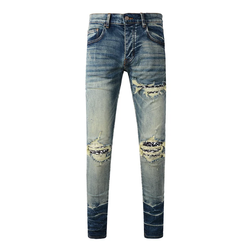 

High Street Fashion Men Jeans Retro Washed Blue Stretch Skinny Fit Ripped Jeans Men Paisley Patched Designer Hip Hop Brand Pants