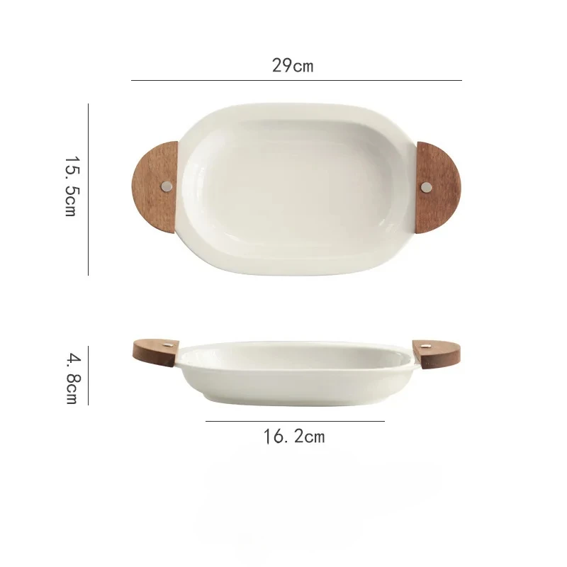 Acacia Wood Salad Bowl, Oval Ceramic Plate, Single-Serve Tableware, Fruit Bowl for Home, Exquisite Kitchen Tableware