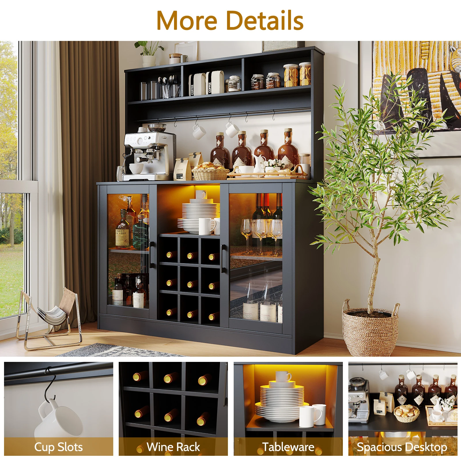 Liquor & Coffee Bar Cabinet – LED, Power Outlet, Wine & Glass Storage 4
