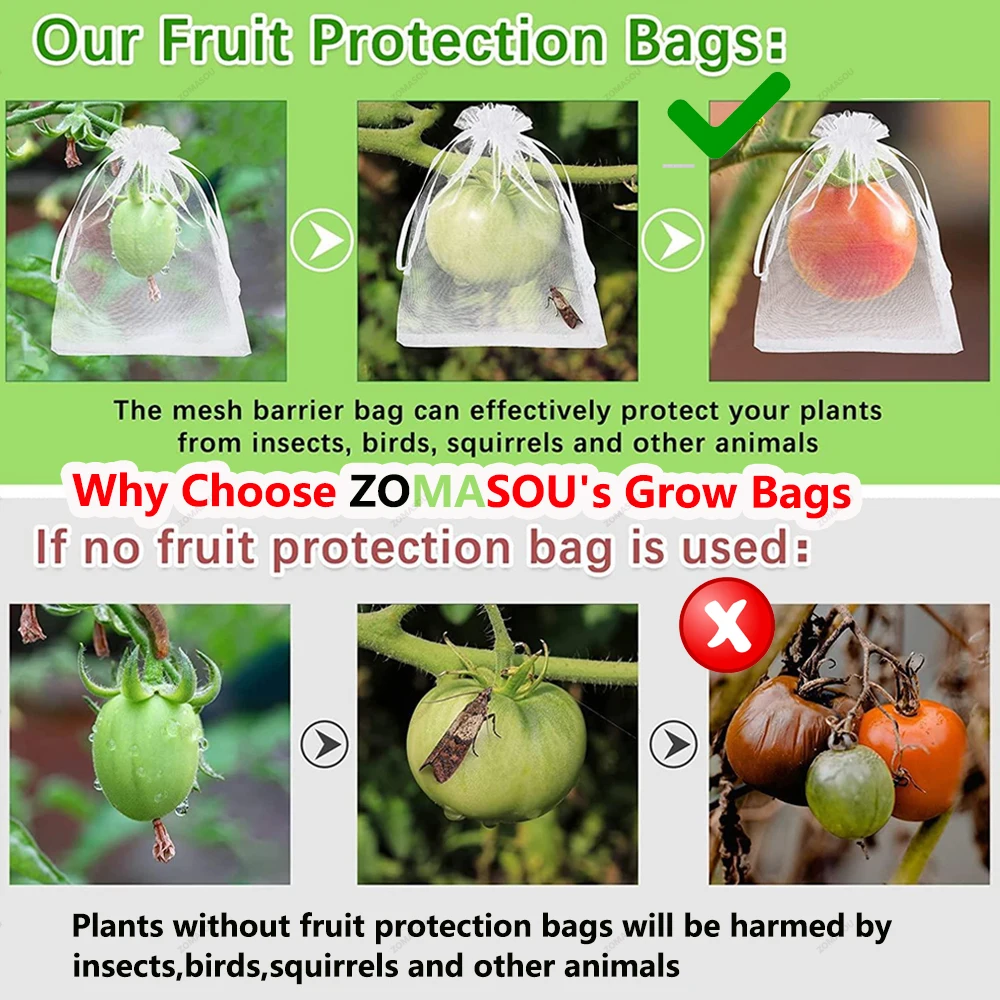 Reusable Drawstring Green Pest Barrier Net Bags for Garden Fruits and Vegetables