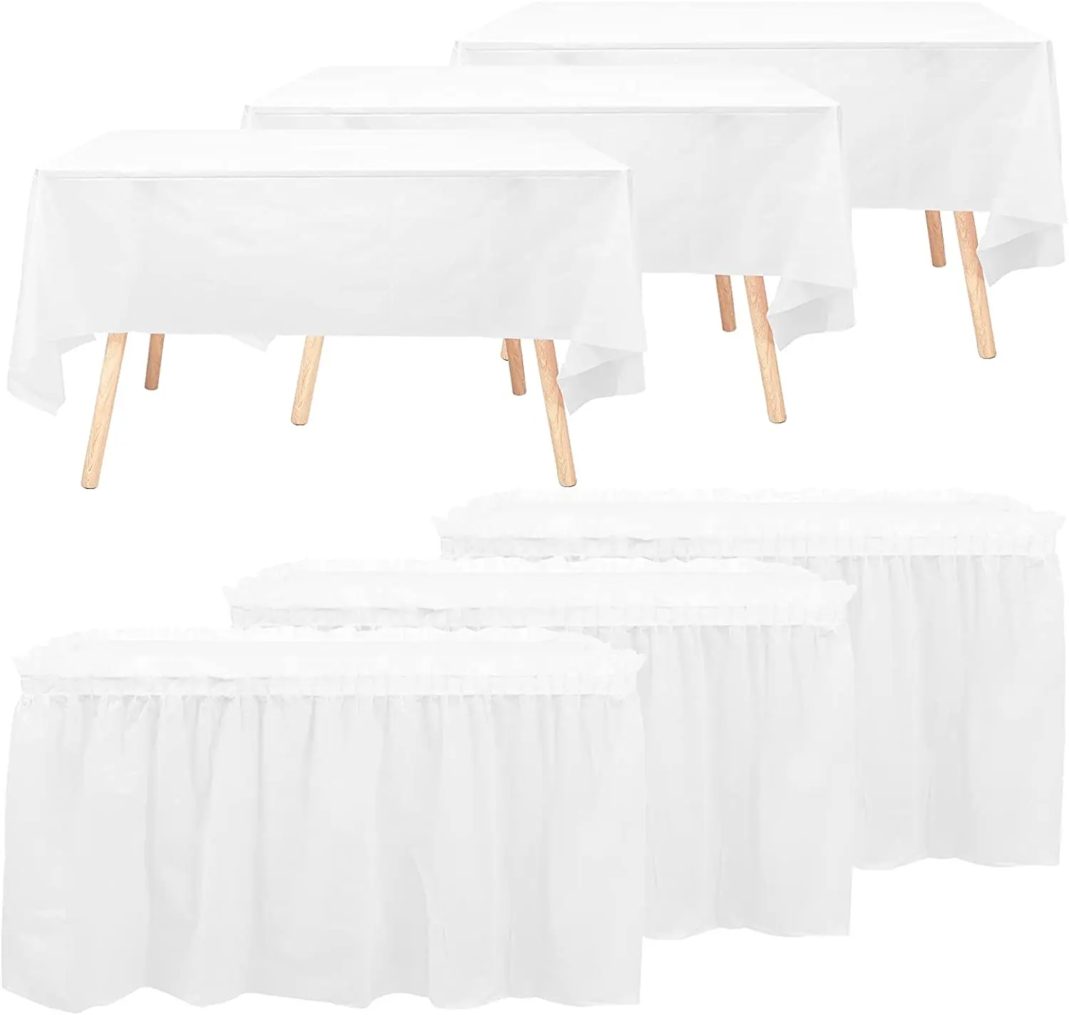 3 Pack White Premium Plastic Tablecloth and 3 Table Skirts for