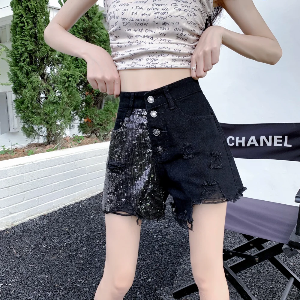 Summer New Sequin Denim Shorts Women Streetwear High Waist Straight Ripped Raw Edge Short Wide Leg Pants Feminino S-5XL