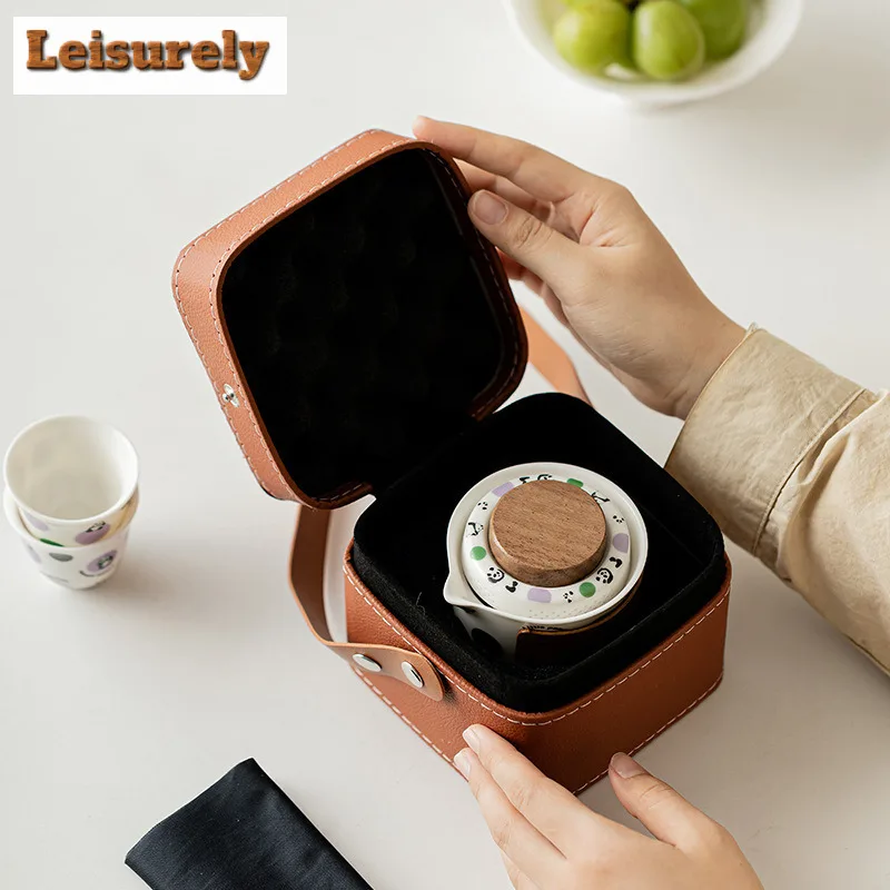 Cute Panda Travel Tea Set Kit Aesthetic Set of Cups 1 Pot 2 Cups Tea Making Organizer Portable Outdoor Stock Bags Supplies Gift