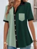 Plus Size Casual Blouse, Women's Plus Colorblock Button Up Short Sleeve Turn Down Collar Blouse 1