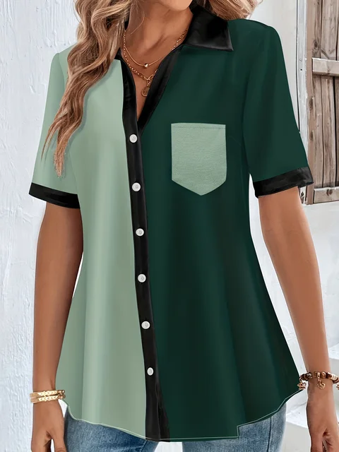 Plus Size Casual Blouse, Women's Plus Colorblock Button Up Short Sleeve Turn Down Collar Blouse 1