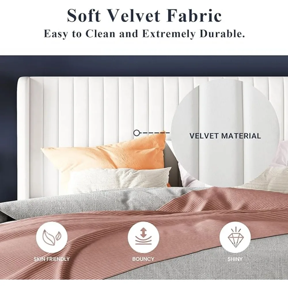 Full Size Velvet Bed Frame/Vertical Channel Tufted Wingback Headboard/Upholstered Platform Bed/Strong Wooden Slats/Easy Assembly 5