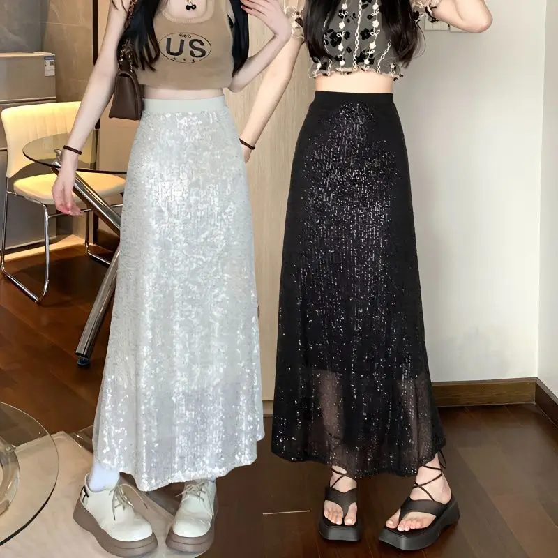 Spring/Summer New Fashion High Waist Women's Clothing Casual All Match Sequins Loose Chiffon Korean Style Female Clothes Skirts