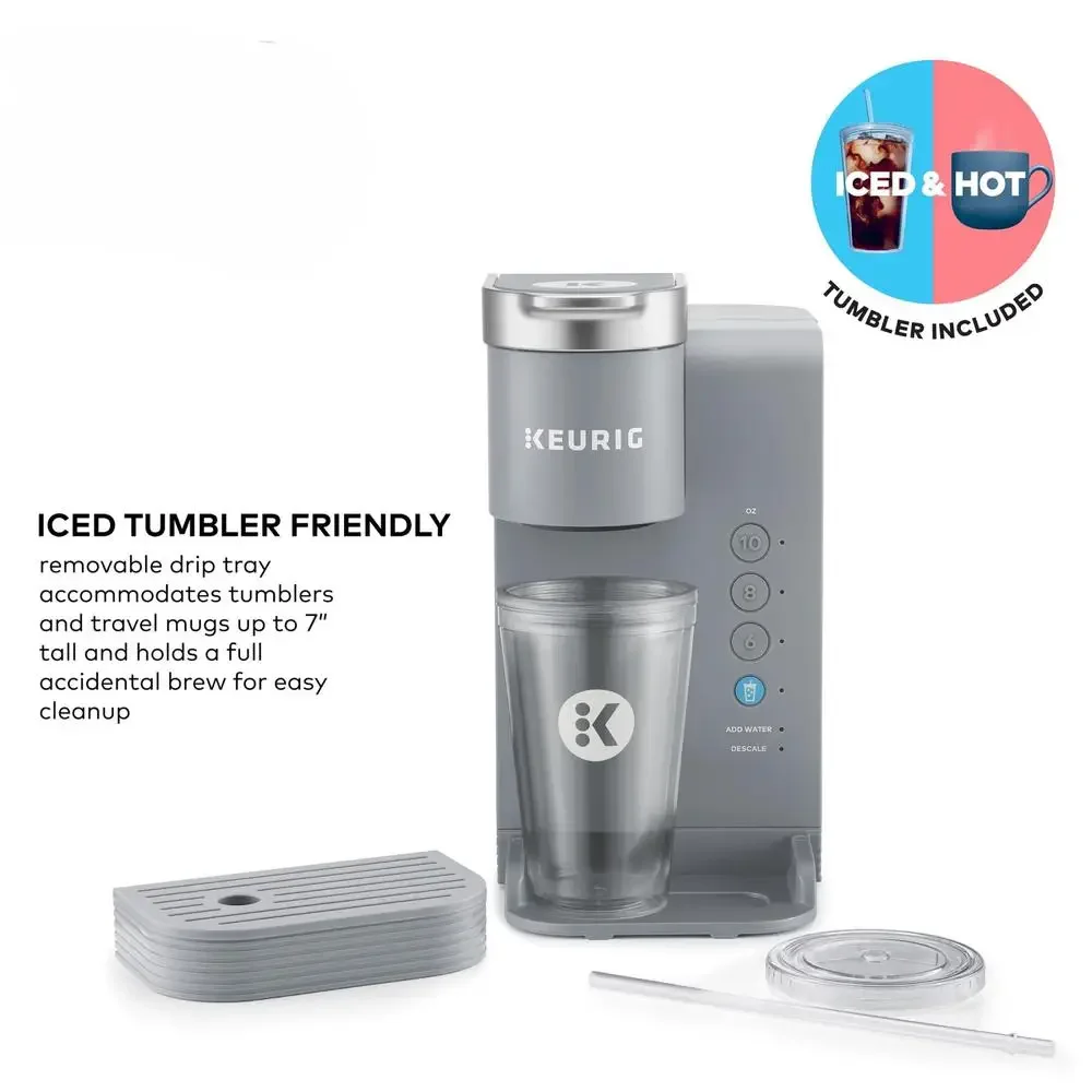 Gray Single-Serve K-Cup Pod Coffee Maker with Reusable Tumbler Brew Over Ice Button 36oz Removable Reservoir 3 Cup Sizes  My 4