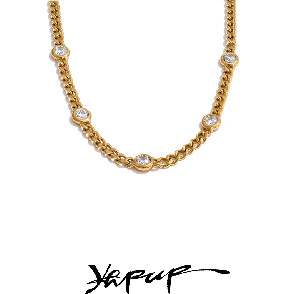 Yhpup Cubic Zirconia Chain Necklace Women 316L Stainless Steel