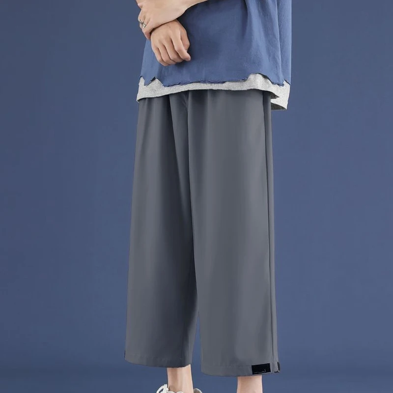 Summer New Elastic Waist Fashion Solid Color Straight Pants Man High Street Casual Loose Ice Silk Fabric Thin Wide Leg Trousers