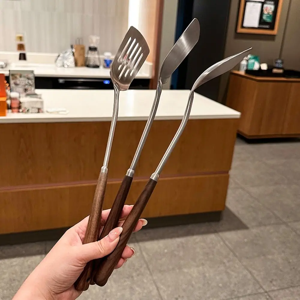 304 Stainless Steel Seamless Spatulas Wooden Handle Stainless Steel Cooking Shovel Long Handle Heavy Duty Fried Shovel