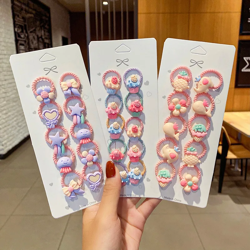 New 10Pcs/Set Cute Cartoon Rubber Band Elastic Hair bands Girls Animal Flower Headband Hair Accessories Kids Sweet Ornaments simple modern simulation animal wave point wearing glasses resin craftwork creative cartoon living room ornaments x1718