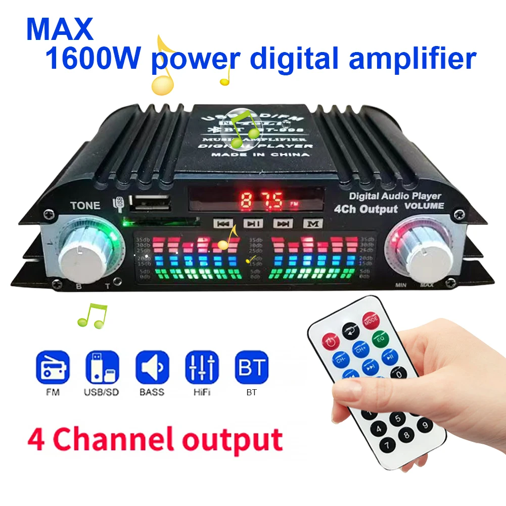 1600W Peak Power Digital 4 Channel Audio Amplifier Remote Control ...