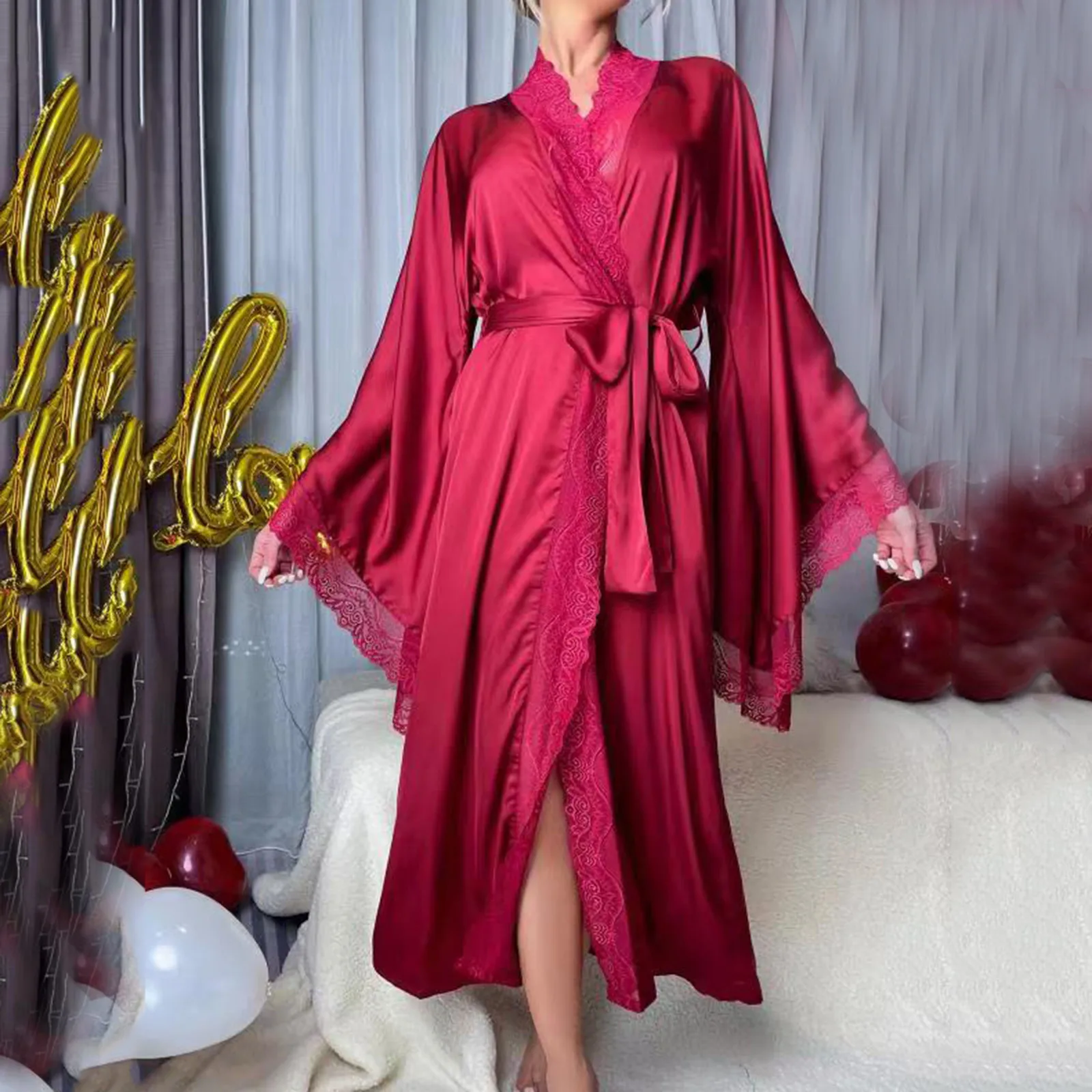 

Women's Ice Silky Sleep Robe Lace Light Luxury Long Sleeved Cool Feeling Satin Pajamas Solid Color Long Sleepwear