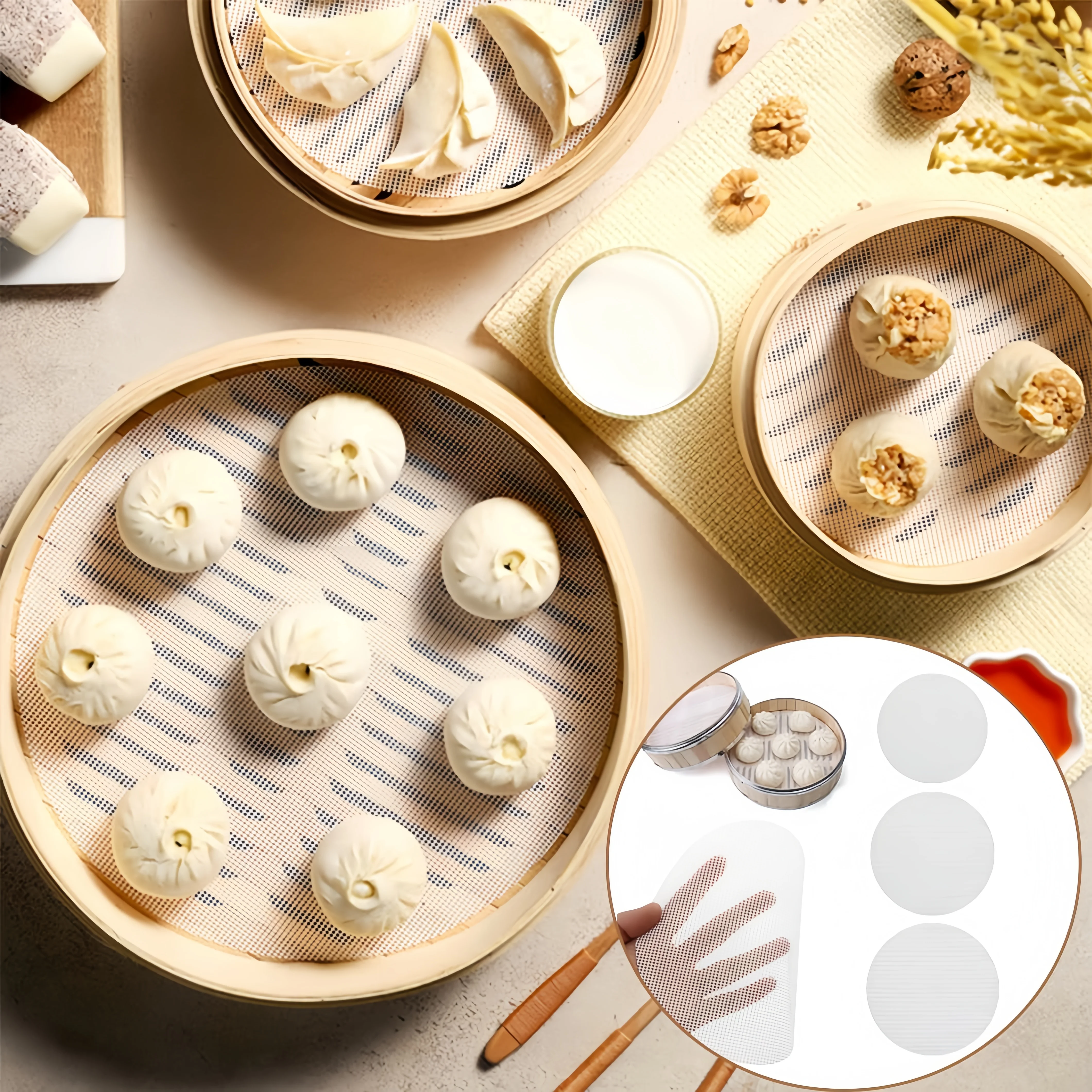 Non-stick Reusable Silicone Roly Steamer Mesh Round Mat Liners Pad Dim Sum Food Grade Pastry Dumpling Air Fryer Cooking Baking