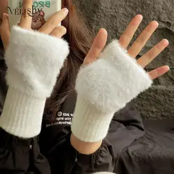 Winter Rabbit Fur Mittens For Women Warm Gloves Girls Cute Plush Glove Fingerless Thicken Warm Mitten Work Gloves Half Finger