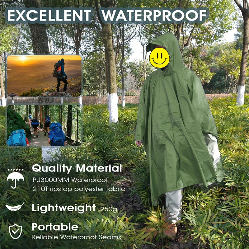 Poncho impermeable para acampar, chaqueta impermeable multifunción 3 en 1 Poncho  impermeable con cap Jadeshay A