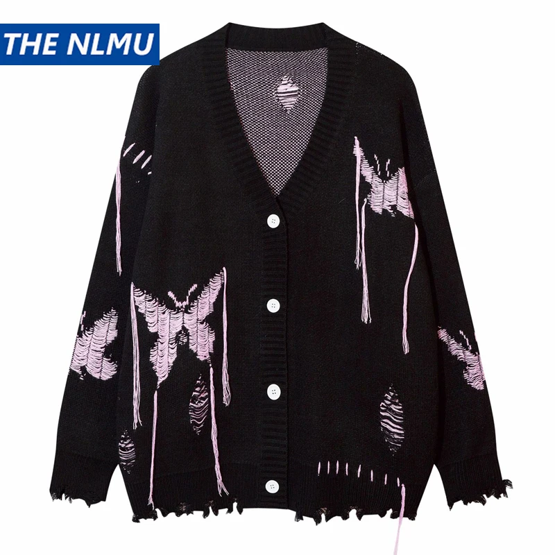 

Vintage Ripped Hole Cardigan Sweater 2023 New Butterfly Embroidered Tassel Knitted Sweater Hip Hop Streetwear Knitwear Unisex