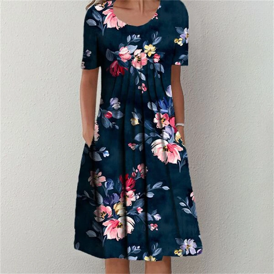 New Fashion Women Casual Elegant Floral Print Short Sleeve Long Dress Women Temperament Round Neck Loose Dresses Weekend Holiday