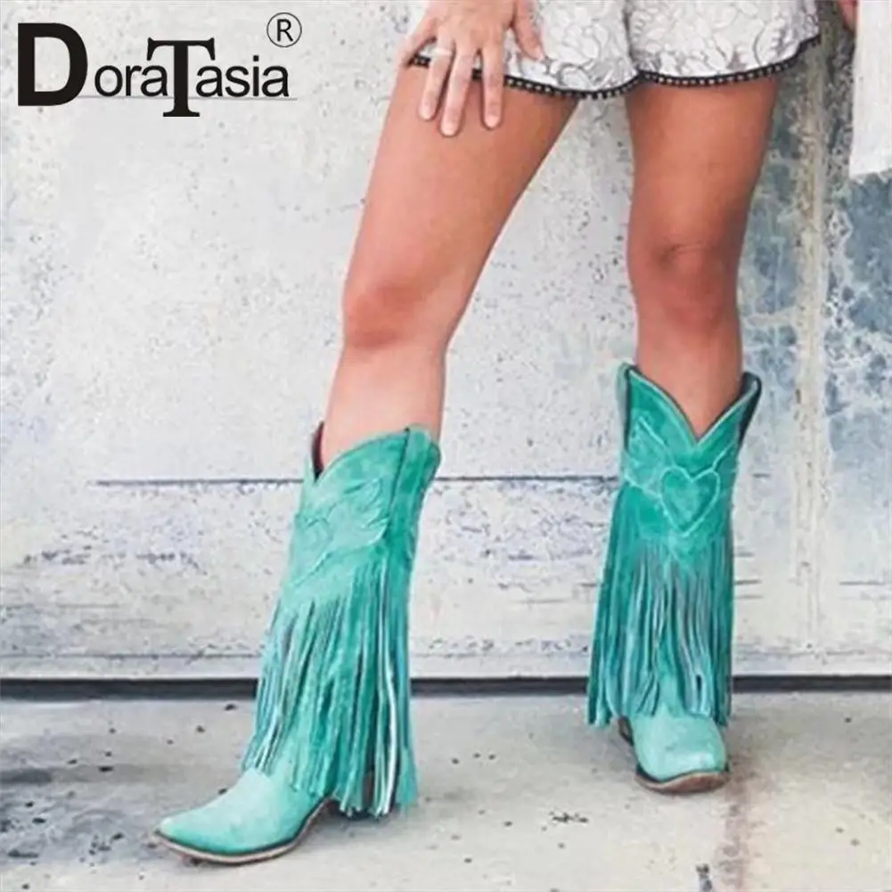 Brand New Ladies Chunky High Heels Western Boots Fashion Sewing Fringe Spring Autumn women's Boots Casual Party Shoes Woman