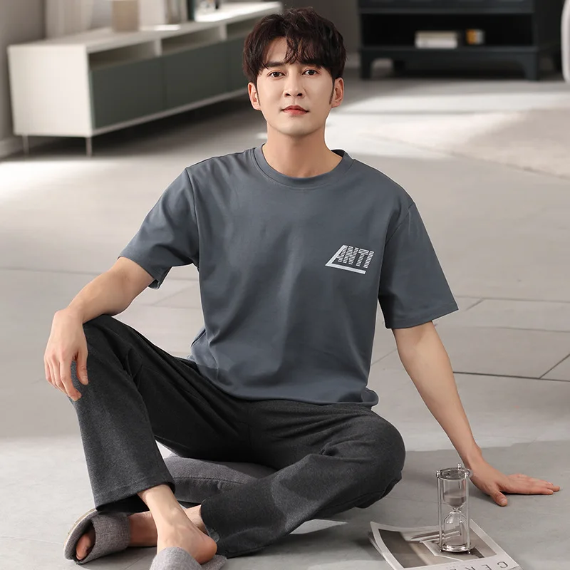 Men's Pajamas Set Combed Cotton Pyjamas Cartoon Pijamas Short-sleeve Pants Suit Loungewear Nightwear Sleepwear Homewear for Man