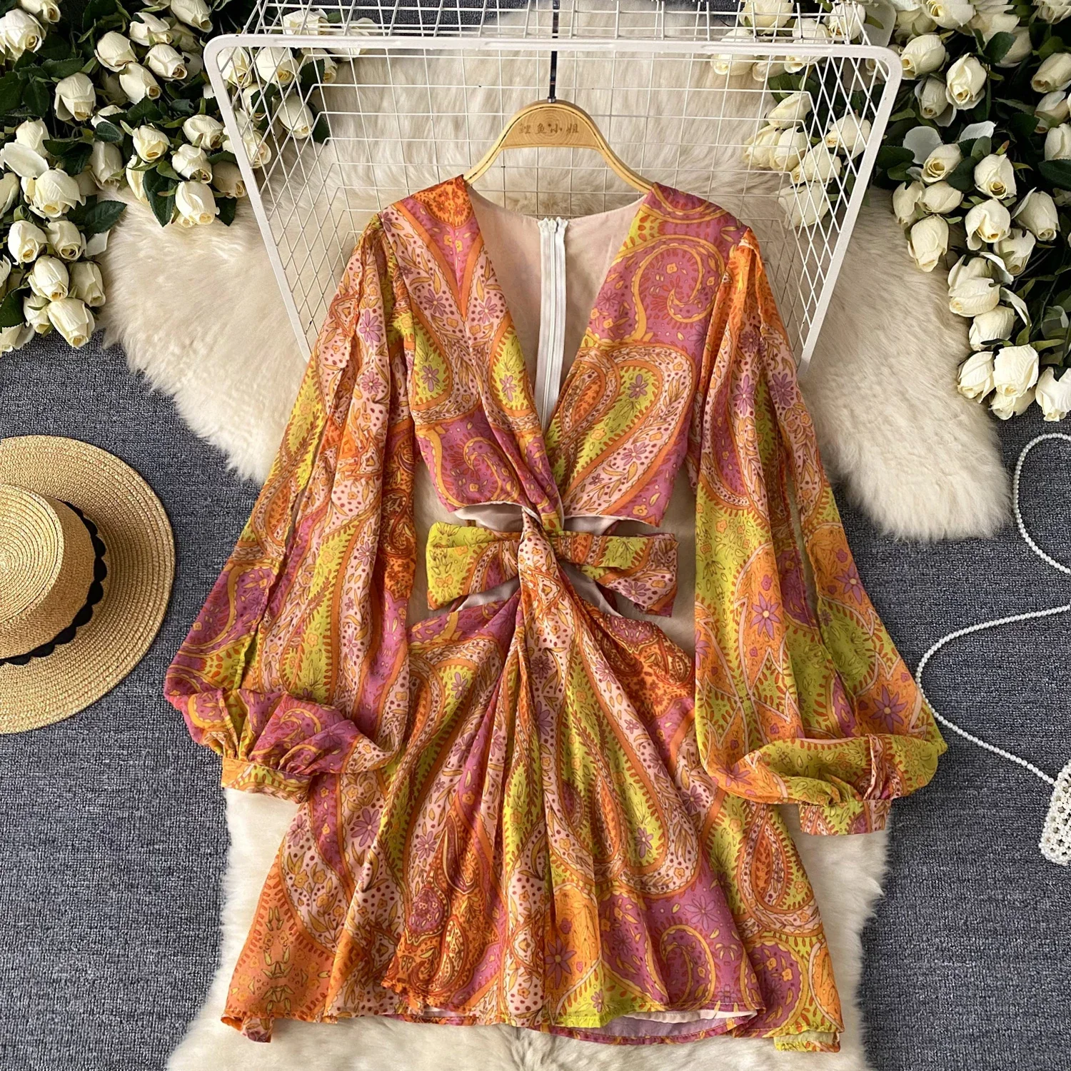 

Женское винтажное платье с рукавами-фонариками, элегантное ТРАПЕЦИЕВИДНОЕ ПЛАТЬЕ С v-образным вырезом и принтом, весна-лето