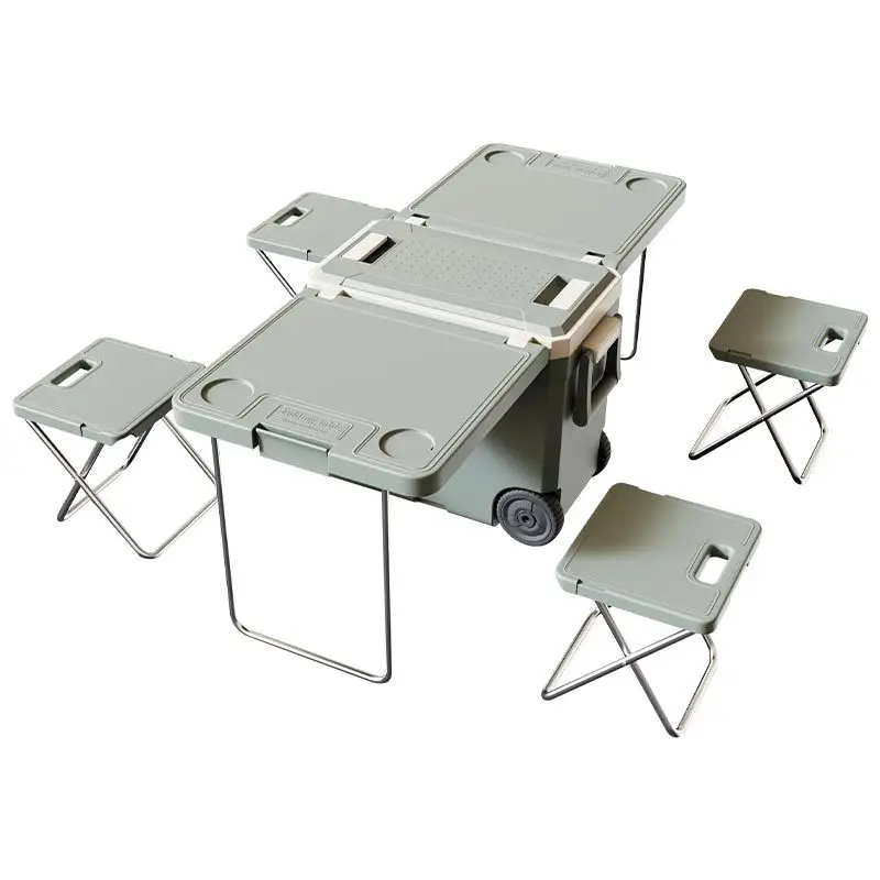 32L Nevera Portatil Foldable Camping Picnic Freezer Refrigerator Wheeled Cooler with Tables and Chairs Cooler Box