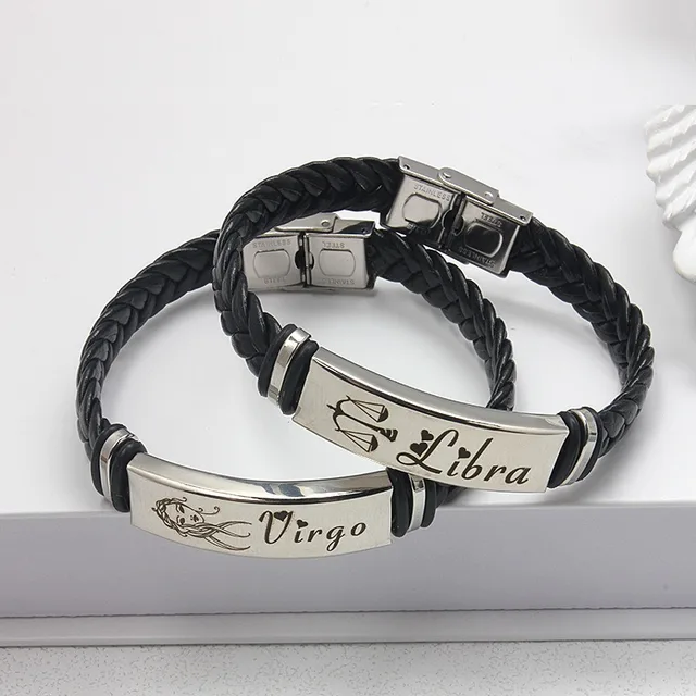 Stainless Steel 12 Constellation Bracelet for Women Men Zodiac Sign Leather Bracelet Wristband Jewelry Birthday Gift 3