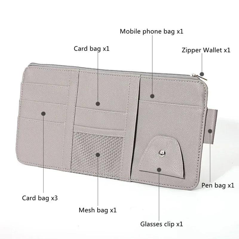 Car Sun Visor Organizer Storage Travel Document Holder With Multi-Pocket PU Leather Cards Receipts Pouch With Zip