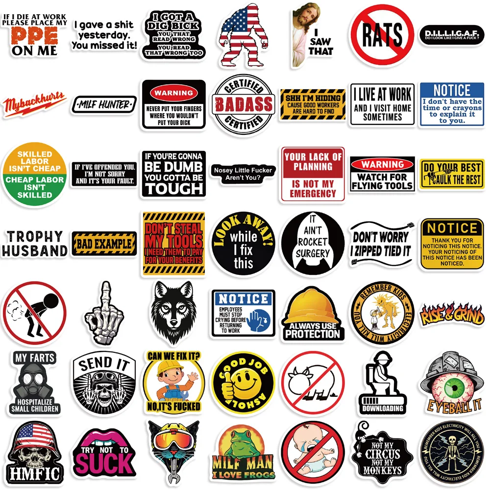 Decorative Stickers 50PCS Hard Hat Stickers Funny Construction Sticker Pack Vinyl Waterproof Tool Box Electrician Worker Helmet Decors