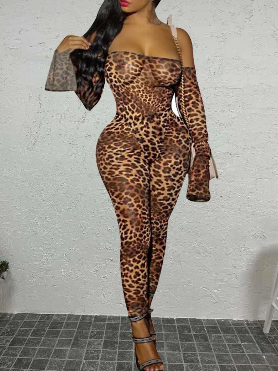 

LW Bateau Neck Skinny Jumpsuits SXY Off The Shoulder Leopard Print Catsuit Bodysuits Flare Sleeve One Piece Long Pants Playsuit