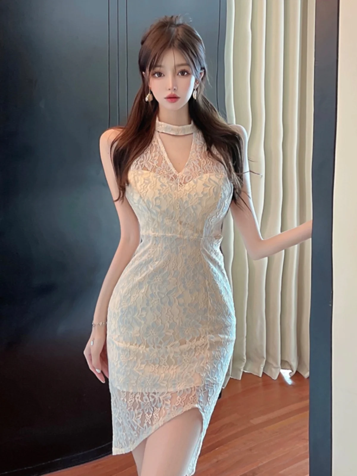 

Harajpoo Fashion Sexy Socialite Style Lace Patchwork Off Shoulder Dress Waistband Temperament Slim Fit Irregular Women Vestidos