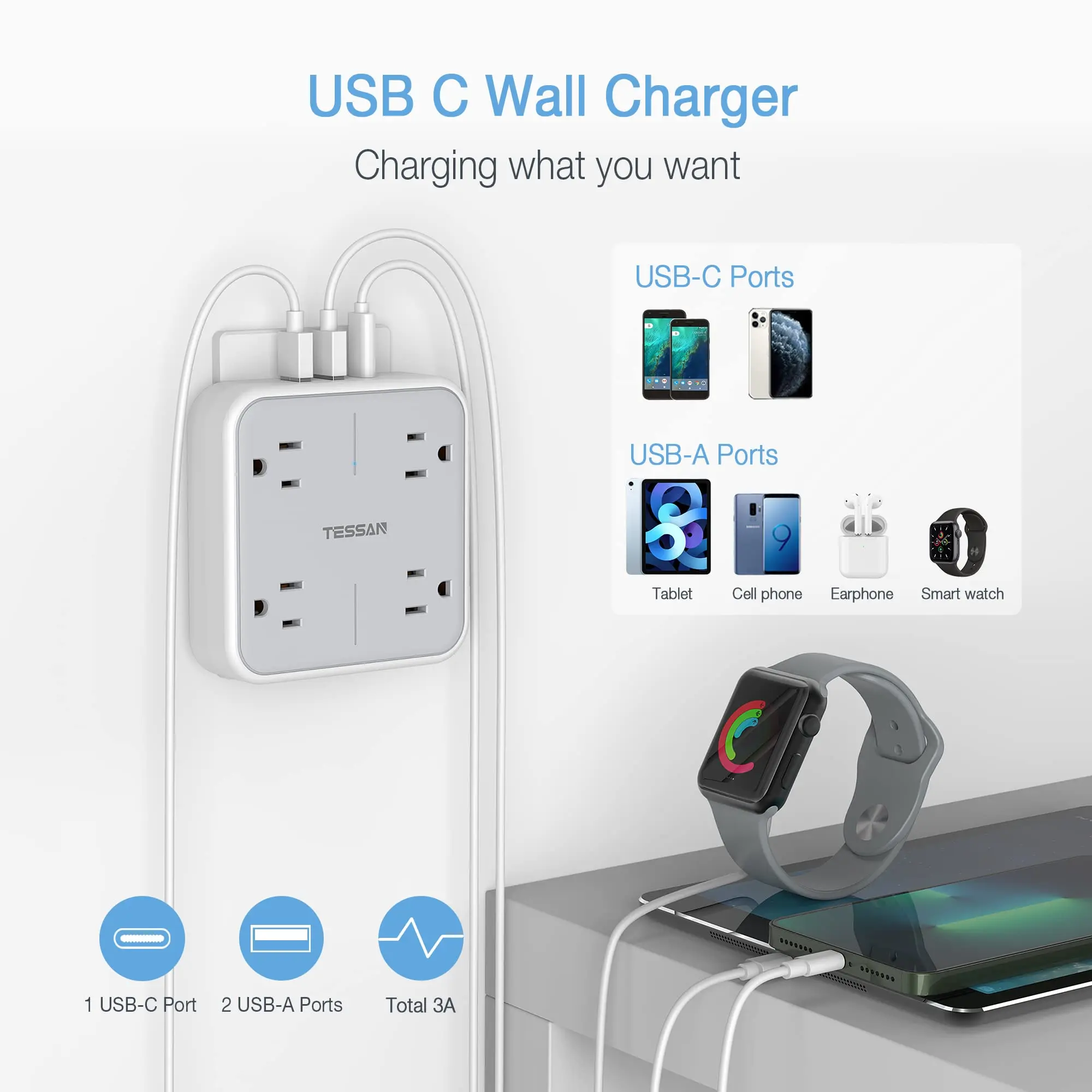 TESSAN- ÷ ܼƮ ͽٴ, AC ܼƮ 4 , USB 3  (USB C Ʈ 1 ),  ȣⰡ ִ Ƽ ÷ USB  