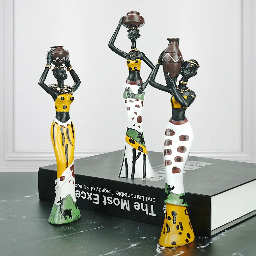 African Figures Sculpture Office Accessories Decor Tribal Lady Figurine Statue Stand Home