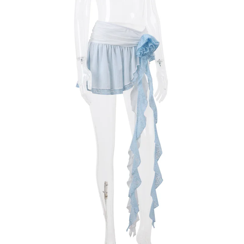 Minifaldas de encaje con flores para mujer, faldas asimétricas con volantes, ajustadas y drapeadas, estilo urbano Y2K, sexys