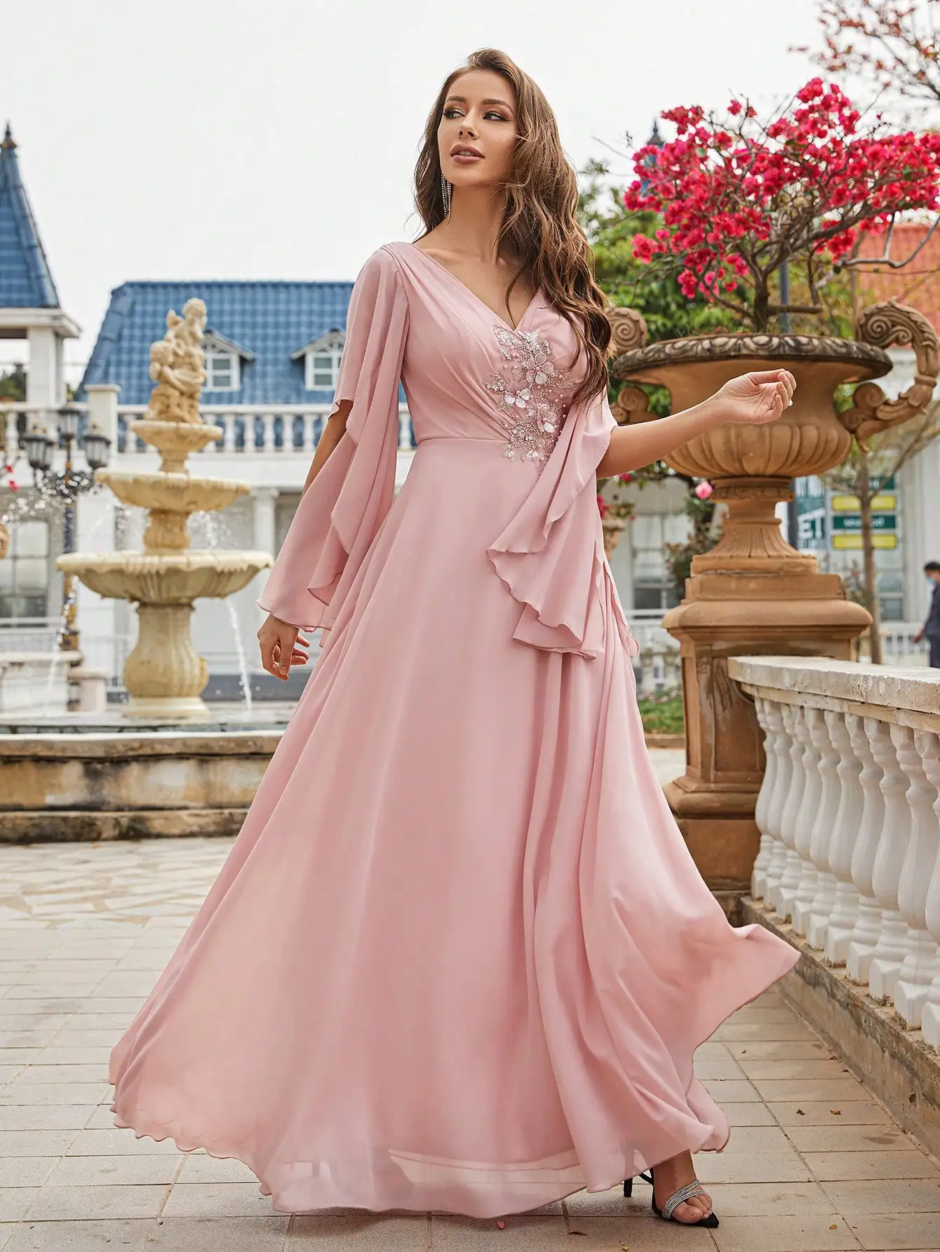 Unithorse Pearls Detail Butterfly Sleeve Chiffon Bridesmaid Dress 4