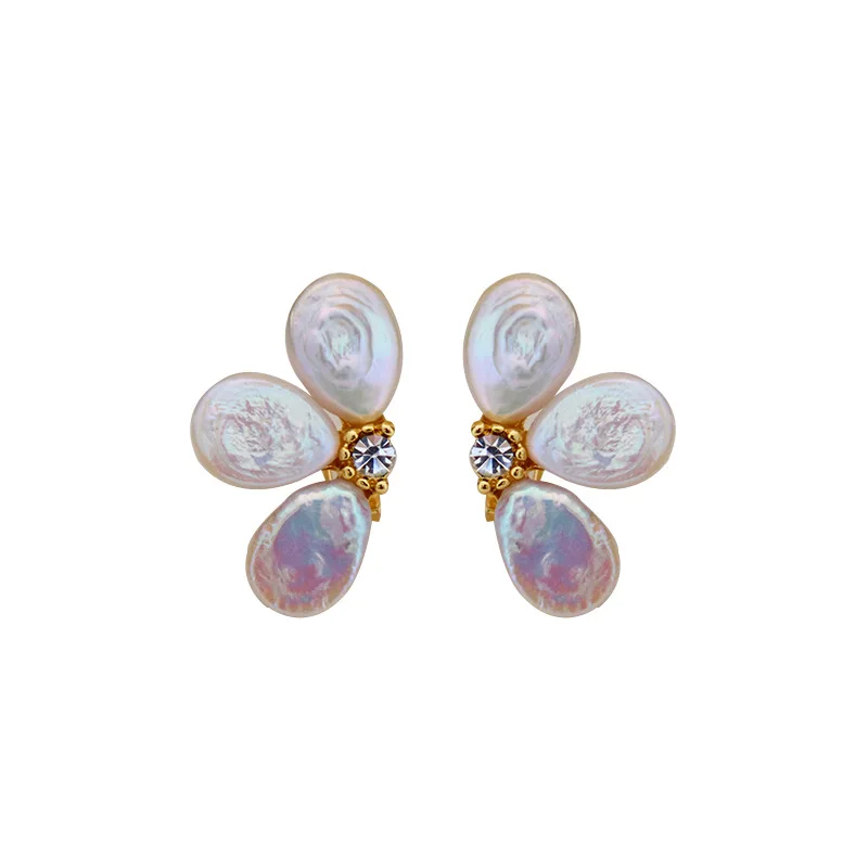 Brass With 18K Gold Zirconia Natural Pearl Flower Stud Earrings Women Jewelry Punk Party T Show Gown Runway Korean Japan INS