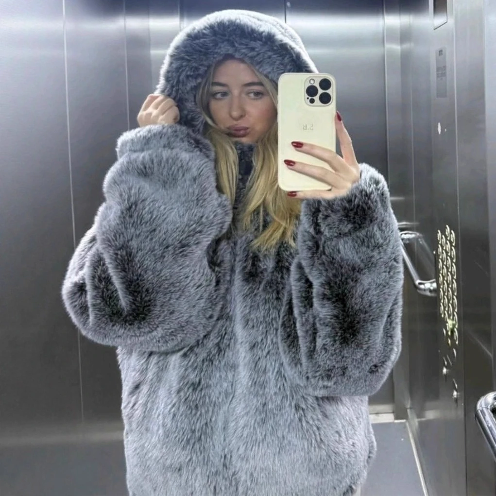 Manteaux à capuche en fausse fourrure pour femmes, veste Y2k, pardessus courts, manches longues, fermeture éclair, épais, coupe ample, Officelady décontracté, automne hiver 2025