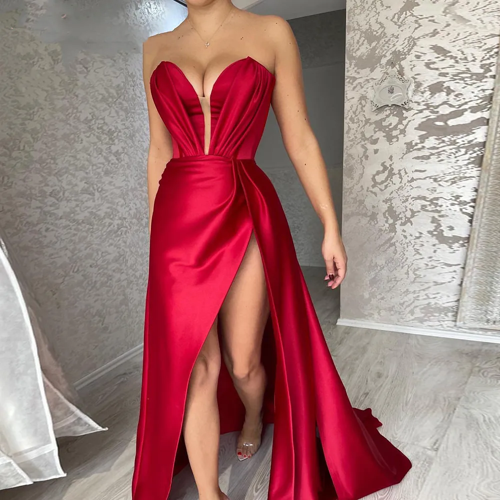 

Charming Red Prom Dresses 2023 Ruffle Sweetheart Neck Split Front Women Formal Evening Gowns Sexy Night Party Wedding Guest