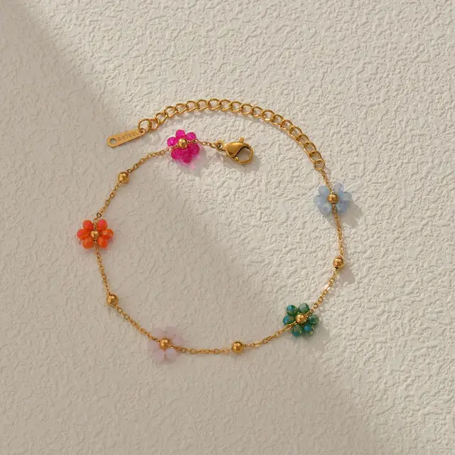 Freeteeme Bracciale fiore colorato moda per donne Ragazze Gioielli in acciaio inossidabile Perline color oro Catena Regalo di San Valentino 5