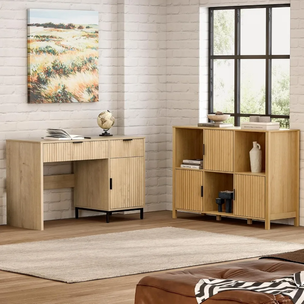 47" Fluted Executive Desk, Modern Wood Home Office Desk with Charging Station, Drawer & Cabinet, Computer Writing Desk for Work 6