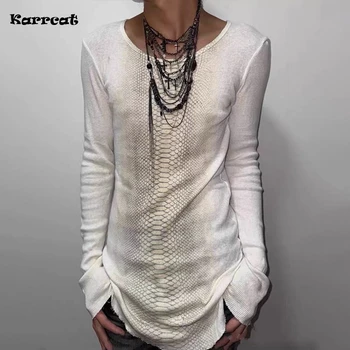 Karrcat Trashy Y2k Snakeskin Print T-shirt Grunge Aesthetics Long Sleeve Knitted Tops Vintage 2000s Streetwear American Retro 1