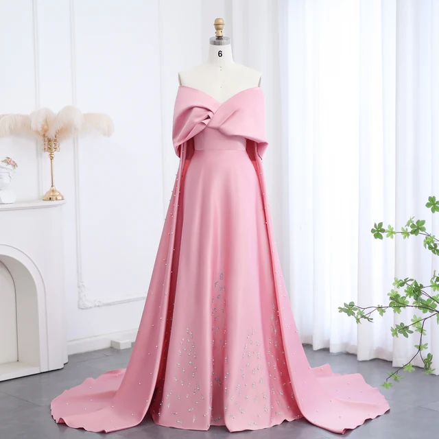 Luxury Dubai Pink Satin Evening Dresses with Train Off Shoulder Arabic for Wedding Party Gowns 481 (Customer Link) 2