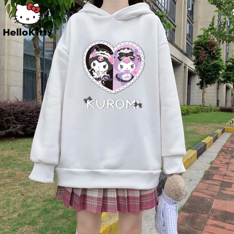 Sanrio Kuromi Loveheart Cartoon Print Hoodie Autumn Winter New Loose Versatile Student Sweater Y2k Girl Lolita Jk Top For Women kawaii sanrio anime headband kuromi lolita hair accessories cosplay props girl heart cartoon decorations kawaii birthday gift