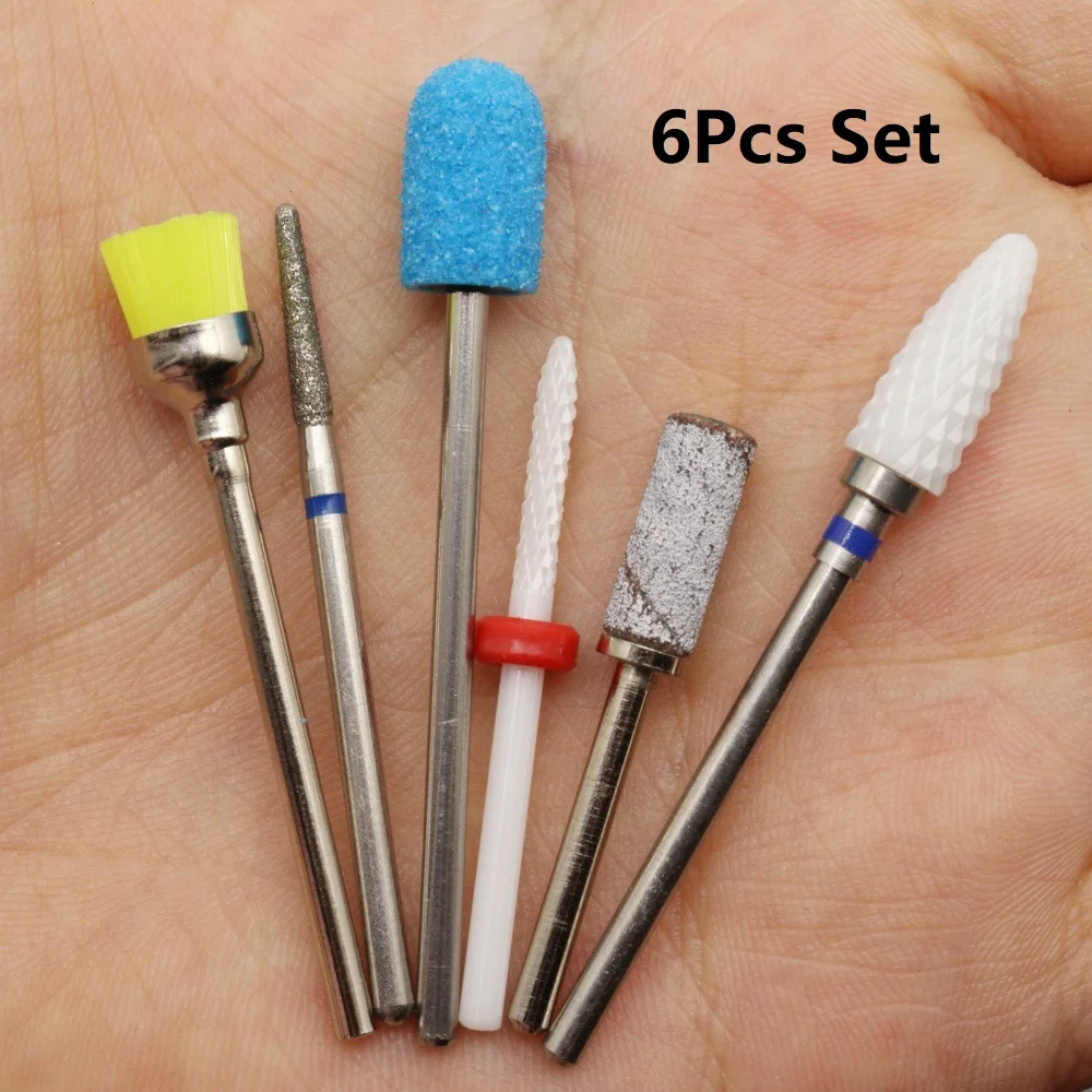 샌딩 밴드, 세라믹 및 다이아몬드 네일 드릴 비트가 포함된 6피스 네일 드릴 비트 세트, 2.35mm 샹크 매니큐어 E-파일 도구 세트