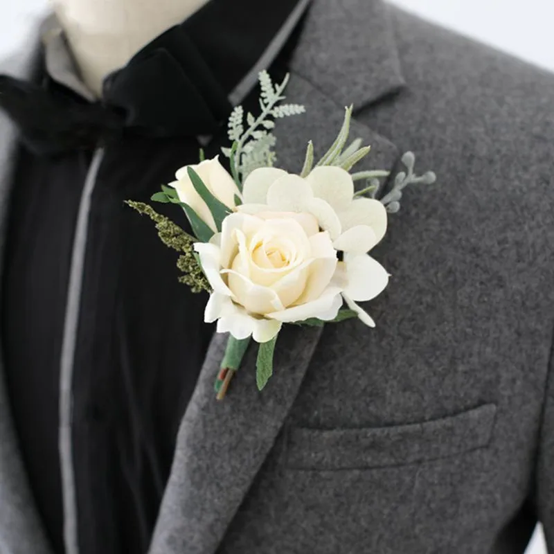 Boutonnieres-Flowers-Artificial-White-Roses-Silk-Ivory-Corsage ...
