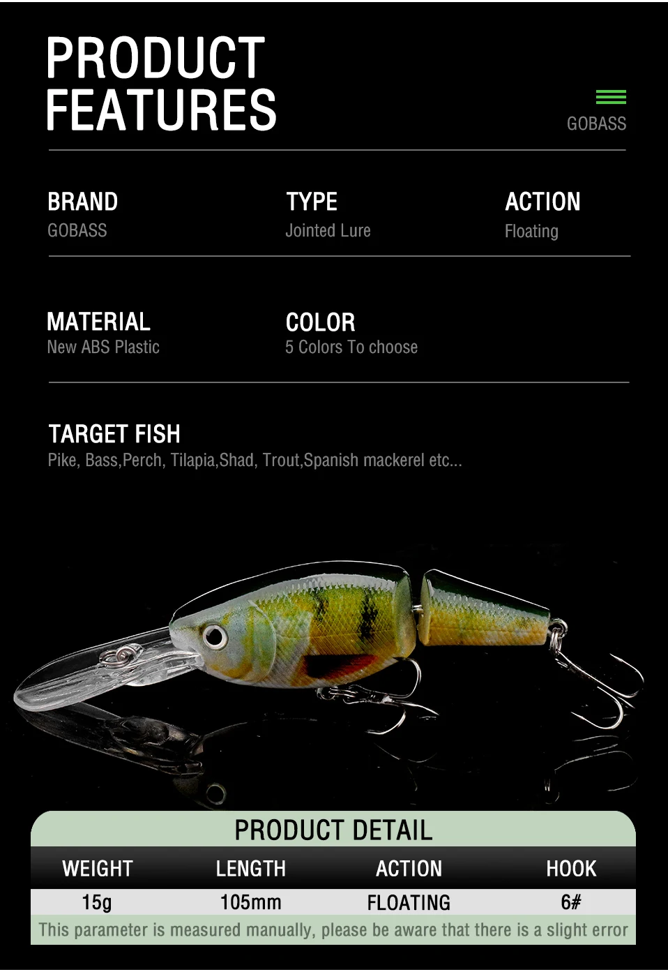 GOBASS 2-Segment Jointed Lures For Fishing 105mm 15g Floating Black Minnow Lures Artificial Bait Crankbait Fishing Accessories