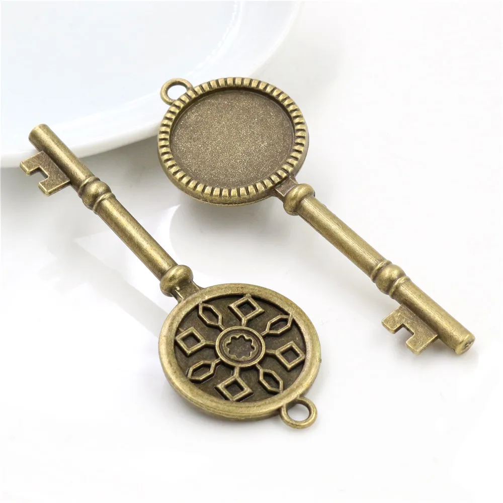 5pcs 20mm 내부 크기 골동품 실버 도금 및 청동과 블랙 클래식 키 스타일 카보 숑 자료 설정 매력 펜 던 트