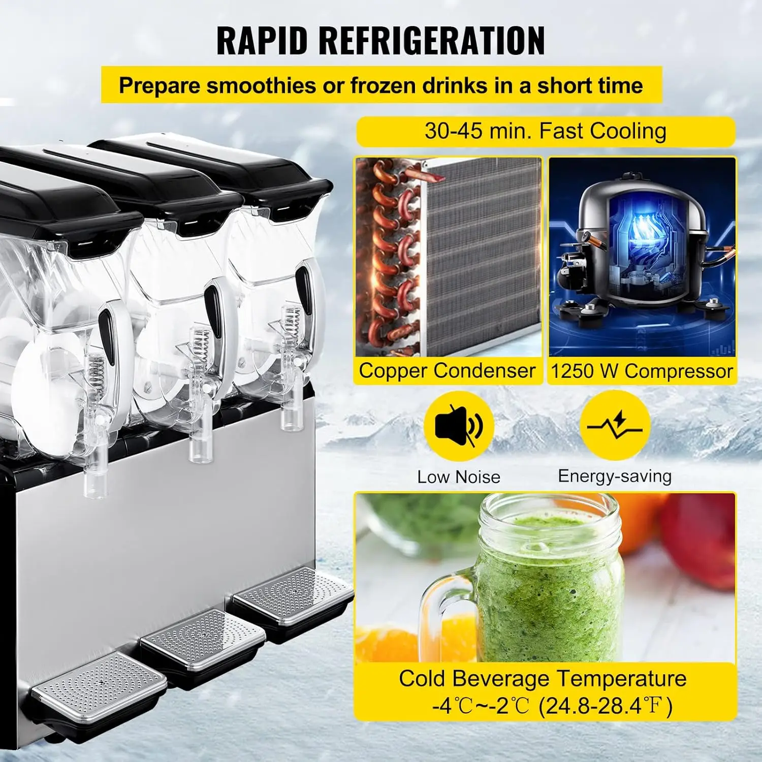 Slushy Machine Triple Bowl Frozen Drink Maker 1250W Automatic Clean Day and Night Modes for Supermarkets Cafes