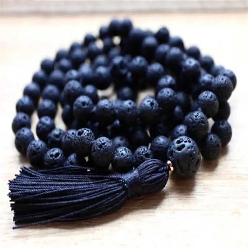 108 Buddha Beads Tassels Necklace Relief Bridal Trendy Bohemian Spiritual Women Spiritual Seekers Lava Stone 8mm